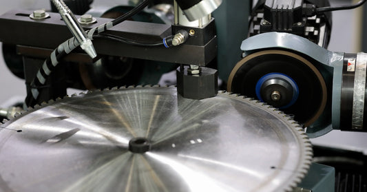 A circular high-speed saw blade is inside of a machine for sharpening to keep it in good condition.