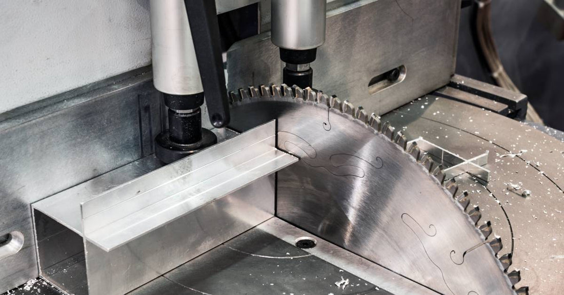 A man cuts through a rectangular piece of metal with a circular metal cutting saw embedded within a table.