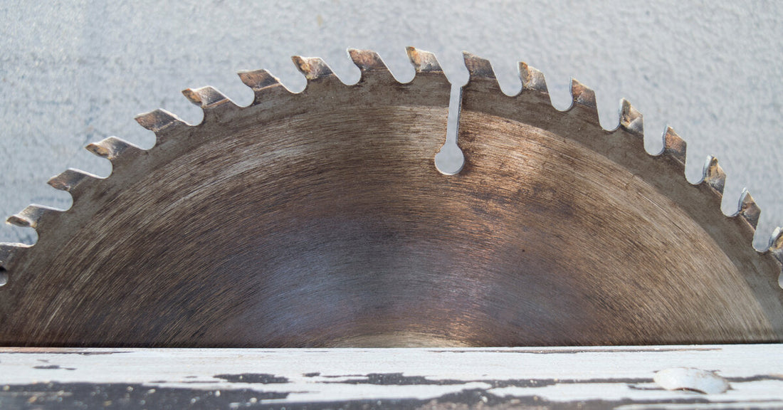 A silver circular saw blade has sharp teeth and a notch at the top. The saw is halfway between a metal table.