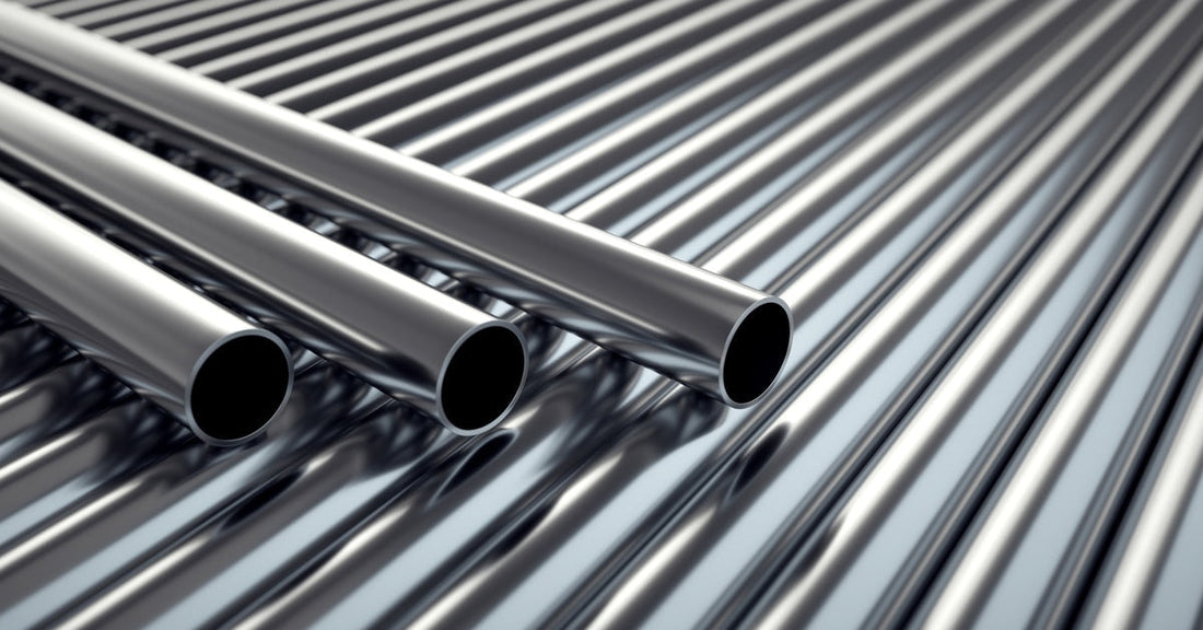 Three stainless steel tubes rest on top of a lot of tightly-packed stainless steel tubes. The tubes are reflecting light.