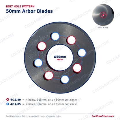 450 x 3.0 x 50 HSS M2 DMo5 Cold Saw Blade bolt hole pattern for 50mm arbor: 4/15/80 and 4/14/85