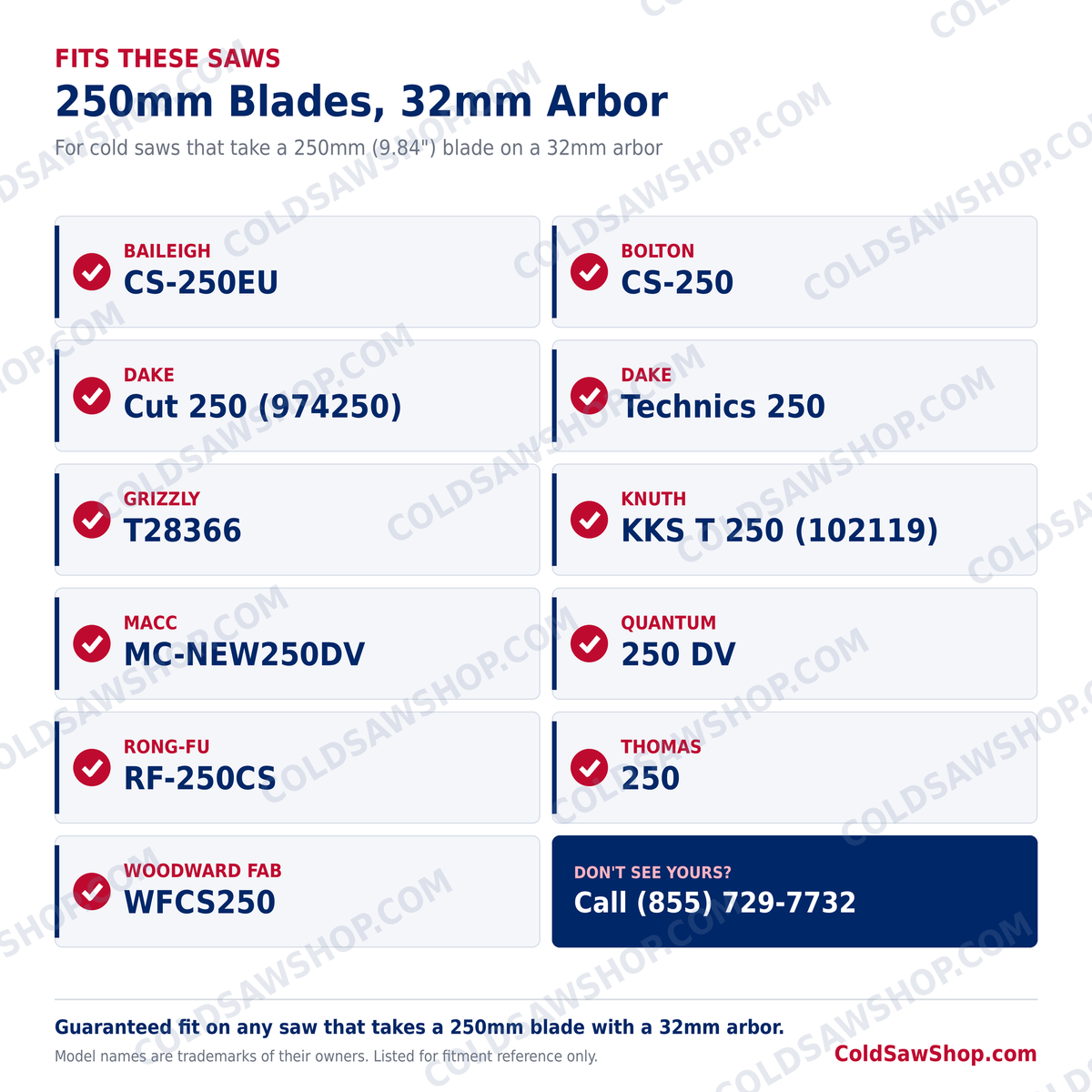 250 x 2.0 x 32 HSS M2 DMo5 TiN Coated Cold Saw Blade fits these 250mm cold saws with a 32mm arbor