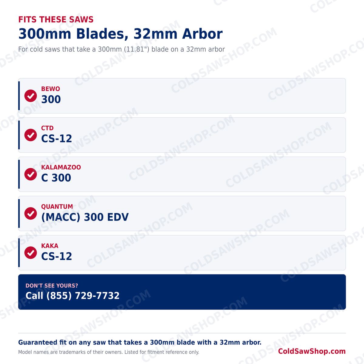300 x 2.5 x 32 HSS M2 DMo5 Cold Saw Blade fits these 300mm cold saws with a 32mm arbor