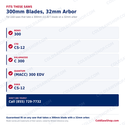 300 x 2.5 x 32 HSS M2 DMo5 Cold Saw Blade fits these 300mm cold saws with a 32mm arbor