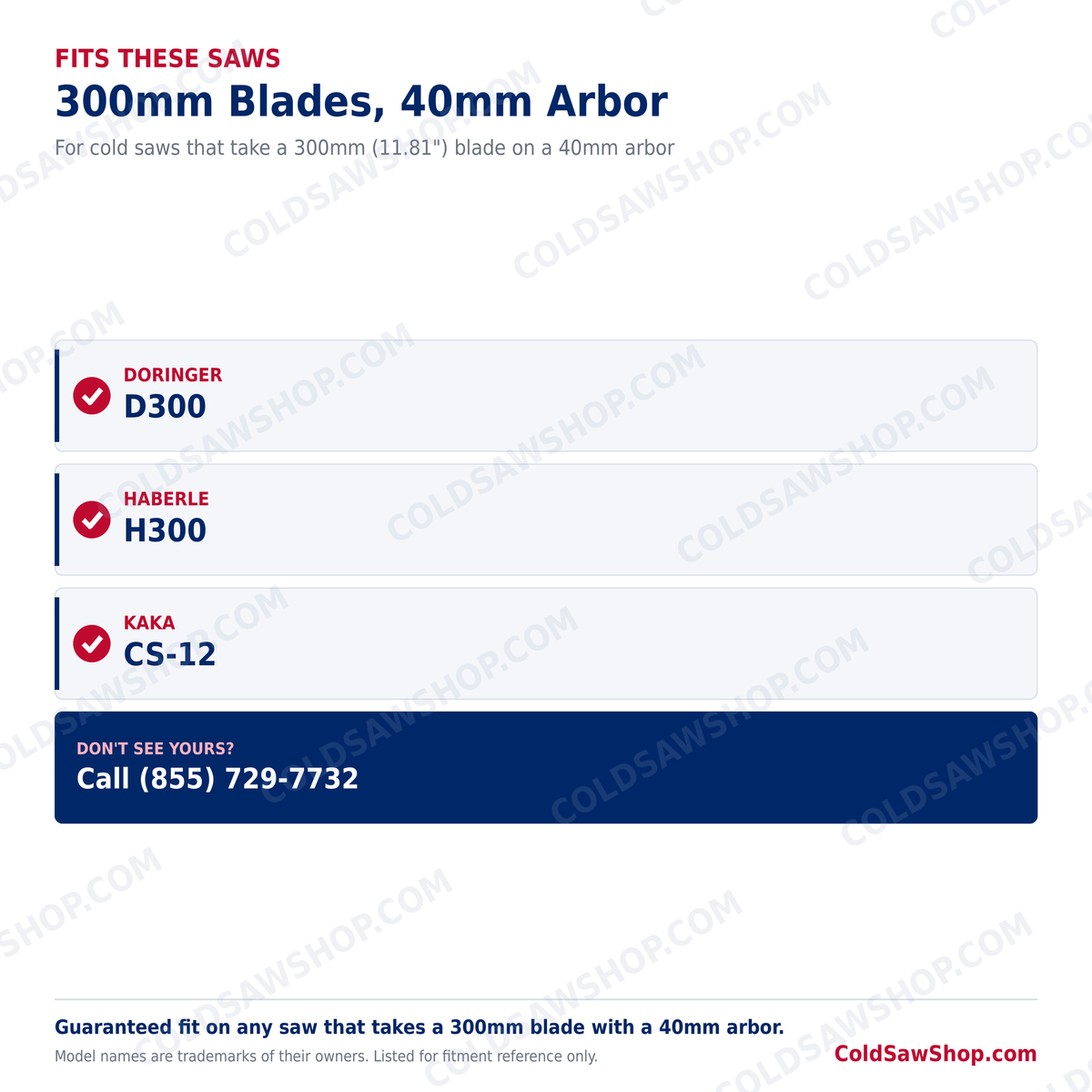 300 x 2.5 x 40 HSS M2 DMo5 Cold Saw Blade fits these 300mm cold saws with a 40mm arbor
