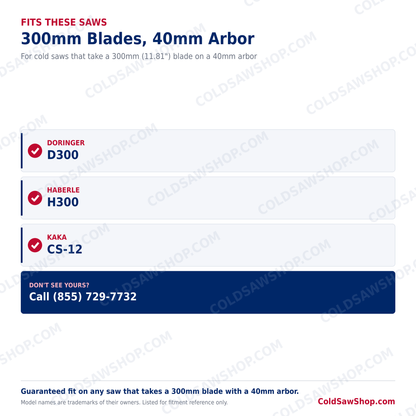300 x 2.5 x 40 HSS M2 DMo5 Cold Saw Blade fits these 300mm cold saws with a 40mm arbor