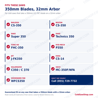 350 x 2.5 x 32 HSS M2 DMo5 TiN Coated Cold Saw Blade fits these 350mm cold saws with a 32mm arbor